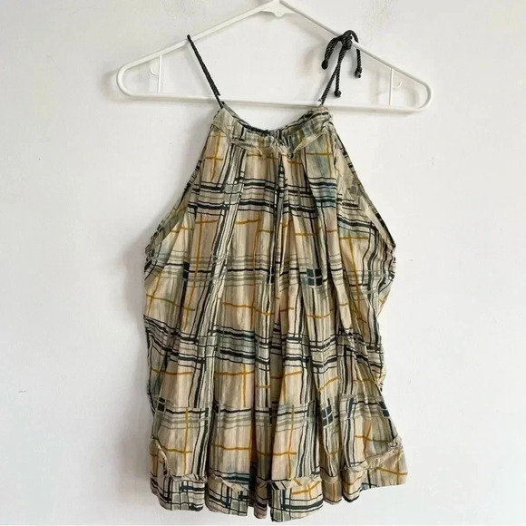 Burning Torch Los Angeles Plaid Halter Top Tan Blue Adjustable Straps Relaxed S - Picture 1 of 6